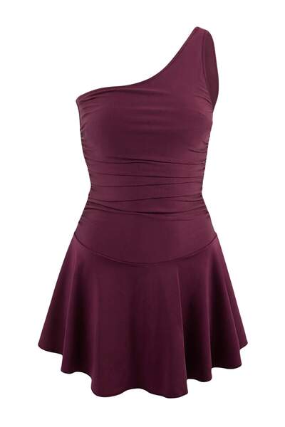 Trendyol Collection Mürdüm One-Shoulder Covered Shorts Skirt Basic Swimsuit T...