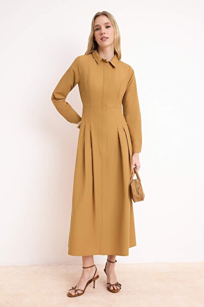 Trendyol Modest Ταμπά βαμβακερό υφαντό φόρεμα με πιέτες TCTSS26EB00024