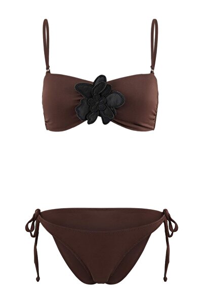 ترينديول كوليكشن طقم بيكيني بني بدون حمالات مزين بالتطريز وذو خصر عادي TBESS2...