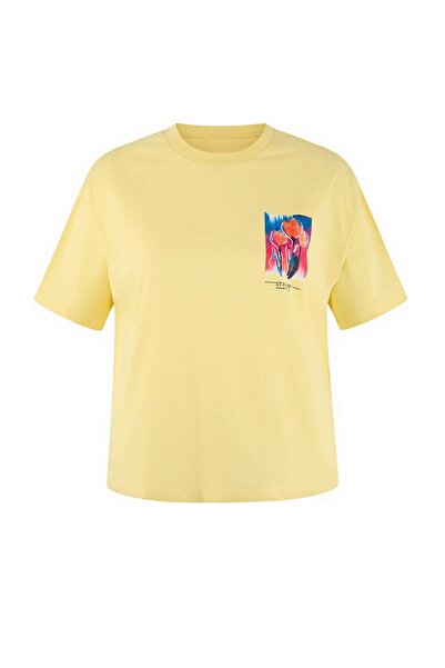 Trendyol Curve Light Yellow 100% Cotton Oversize/Wide Fit Front and Back Prin...