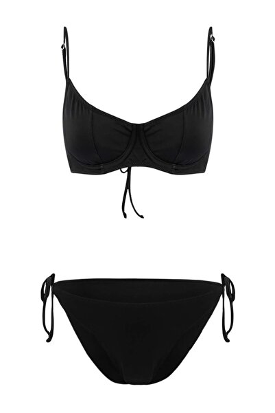 Trendyol Collection Black Balconette Covered Tie-Up Regular Waist Bikini Set ...