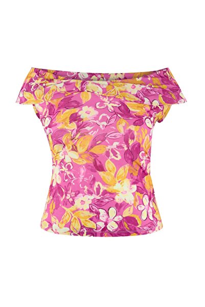 Trendyol Curve Multicolor Carmen Collar Bodycon Stretchy Crop Knitted Madonna...