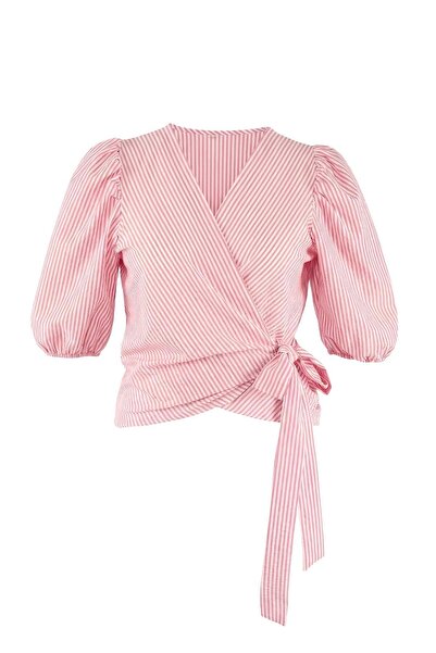 Trendyol Curve Red Double-Breasted Collar Plaid Checkered Woven Oversized Blo...