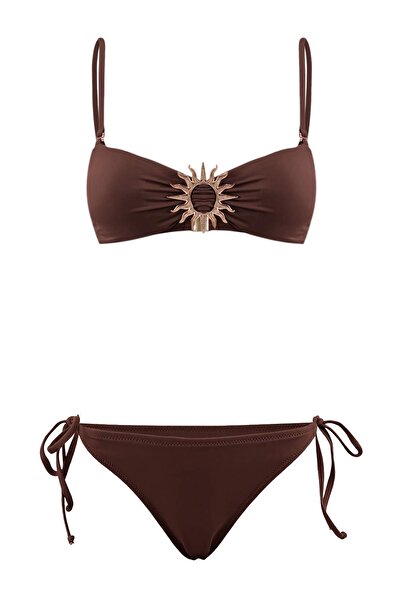 Trendyol Collection Καφέ Σετ Μπικίνι Κανονικής Μέσης με Στράπλες και Αξεσουάρ...
