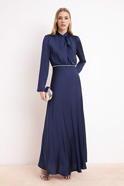 Trendyol Modest Navy Blue Skater Satin Plain Woven Hijab Evening Dress Tctss2...