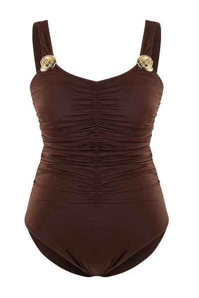 Trendyol Curve Brown Gold Accessory Drawstring Plus Size Swimsuit Tbbss26Am00020