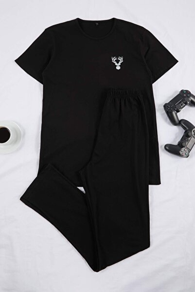 Trendyol Collection Schwarzes, bedrucktes, kurzärmliges Strick-Pyjama-Set mit...