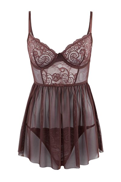 ترينديول كوليكشن قميص نوم من التول/الدانتيل باللون البني/قميص نوم فاخر THMSS2...