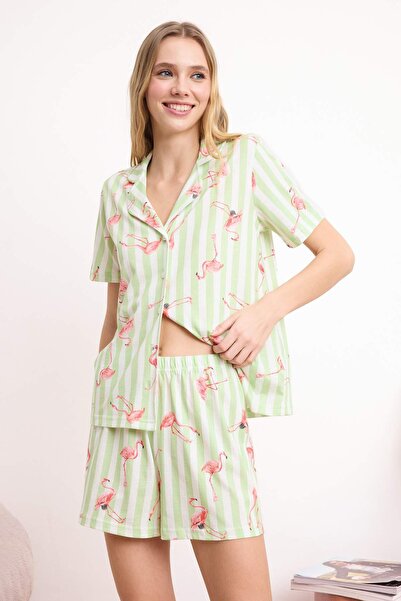 Trendyol Collection Grünes Flamingo-Strickpyjama-Set aus 100 % Baumwolle THMS...