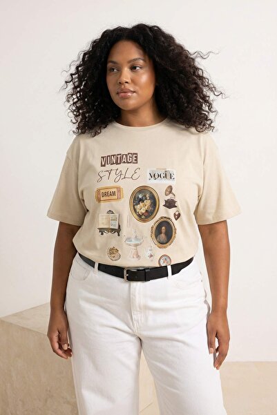 Trendyol Curve Stone 100 % Baumwolle, bedrucktes Oversize-T-Shirt mit Rundhal...