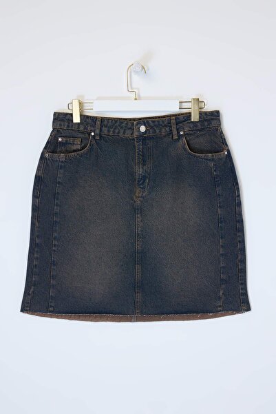 Trendyol Curve Blue Faded Effect Vintage High Waist Mini 100% Cotton Plus Siz...