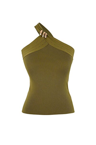 Trendyol Collection Light Khaki Single Sleeve Accessory Detail Fitted Knitwea...