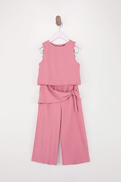 TRENDYOLKIDS Pink Girls' Muslin Plain Knitted Top and Bottom Set Tkdss26Au00016
