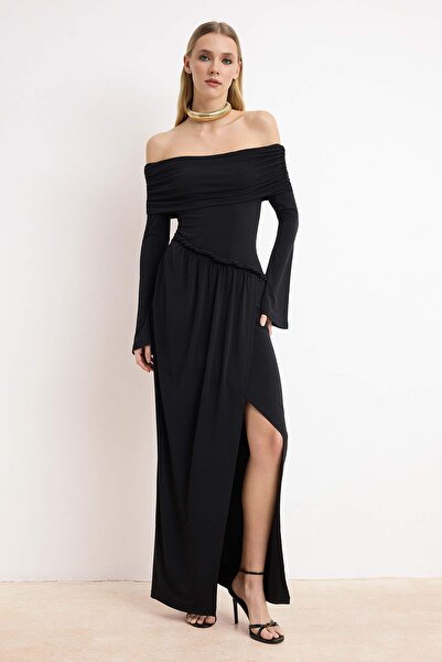 Trendyol Collection Schwarzes, detailliertes, gestricktes Maxi-Abendkleid und...