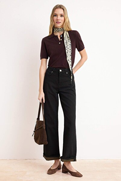 Trendyol Collection Blugi negri cu talie înaltă, 100% bumbac, croi larg pe pi...