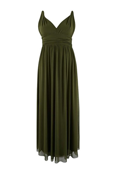 Trendyol Curve Rochie de seară lungă, elegantă, cu decolteu în V, din tul tri...