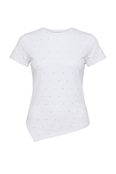 Trendyol Curve Λευκό Πλεκτό Μπλουζάκι με Λευκές Πέτρες, Ασύμμετρη Εφαρμογή/Πλ...