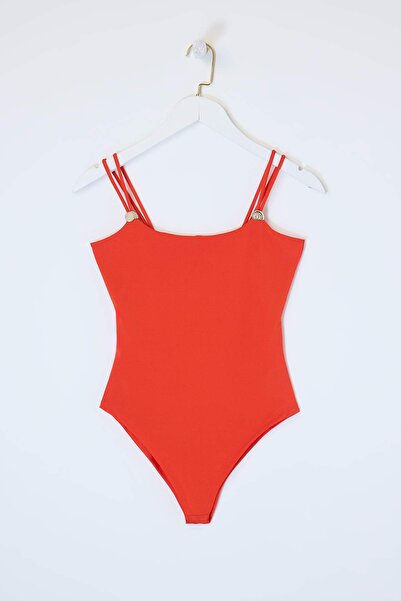 Trendyol Collection Granatapfelblüten-Body mit Poolkragen, ärmellos, mit Acce...