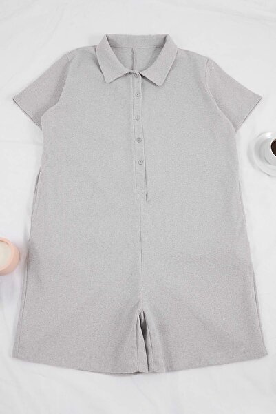 Trendyol Curve Gray Button Detailed Waffle Plus Size Jumpsuit Tbbss26Bg00007