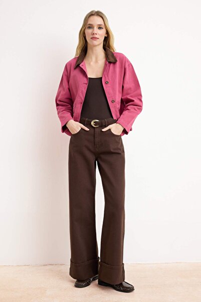 ترينديول كوليكشن بنطلون جينز بني عالي الخصر أرجل واسعة /بنطلون جينز واسع السا...