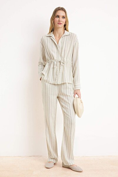 Trendyol Collection Stone Striped Linen Look Shirt Pants Bottom - Top Set Two...