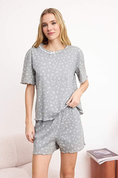 Trendyol Collection Gray 100% Cotton Floral Lace Detailed Knitted Pajamas Set...