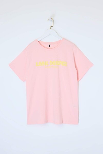 Trendyol Curve Pink Slogan Printed Relaxed 100% Cotton Knitted Oversize T-Shi...
