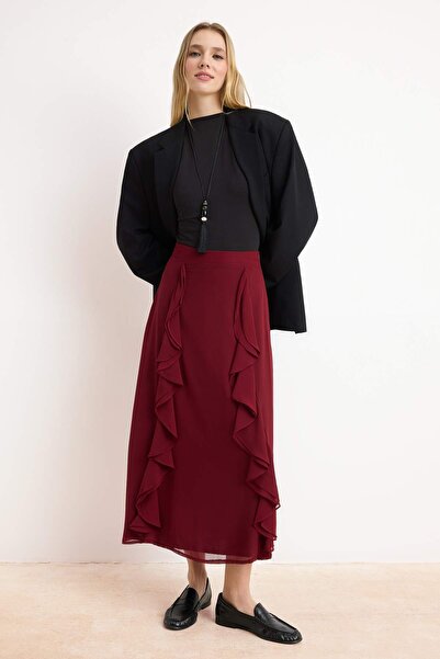 Trendyol Modest Spódnica z tkaniny bordowej X Ai - detal z falbanką, Tctaw25E...