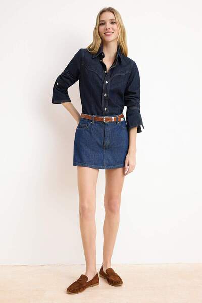 Trendyol Collection Dark Blue More Sustainable Mini Denim Shorts Skirt Twoss2...