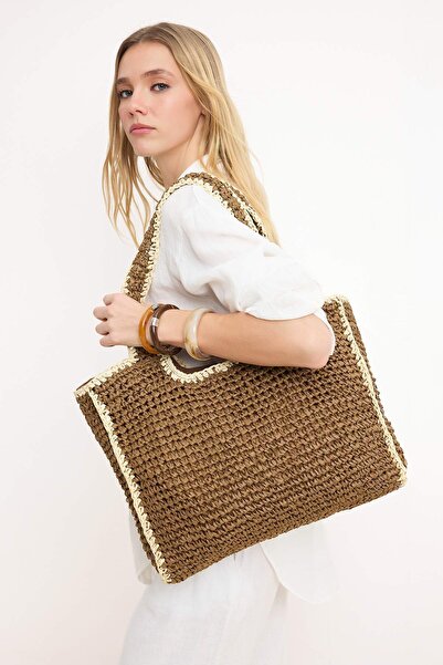 TRENDYOL SHOES Καφέ ψάθινη γυναικεία τσάντα ώμου μεσαίου μεγέθους TAKSS26OC00020