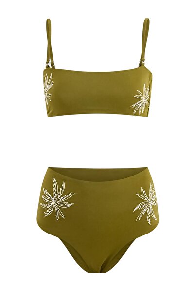 Trendyol Collection Khaki Strapless Covered Embroidered Super High Waist Hipt...