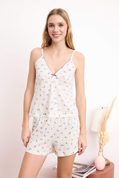 Trendyol Collection Ecru Floral Patterned Rubber Detailed Ribbed/Pointel Knit...