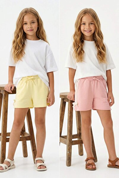 TRENDYOLKIDS Жълто-розови 2-компонентни момичешки къси панталони и бермуди TK...