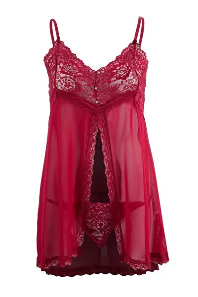 Trendyol Collection Βουργουνδί τούλι/Δαντέλα με λεπτομέρεια αξεσουάρ Φανταχτε...