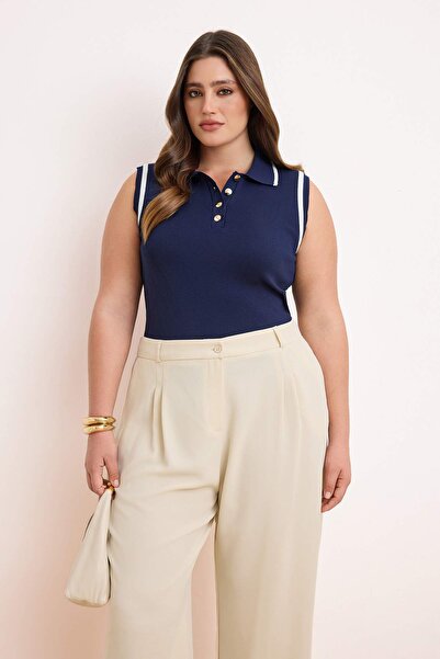 Trendyol Curve Navy Blue Polo Neck Stripe Detailed Thin Summer Knitwear Blous...