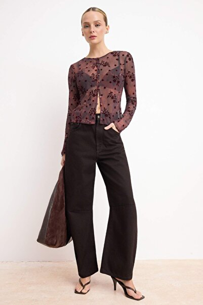 Trendyol Collection Plum Floral Regular Fit Long Sleeve Tulle Knitted Blouse ...