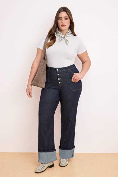 Trendyol Curve Blugi albastru închis cu talie înaltă, cu picior dublu, confor...