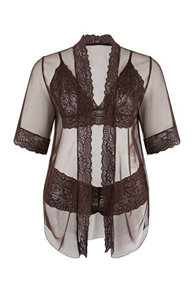 Trendyol Curve Кафяв комплект от 3 части бельо с дантела и мрежа за големи ра...