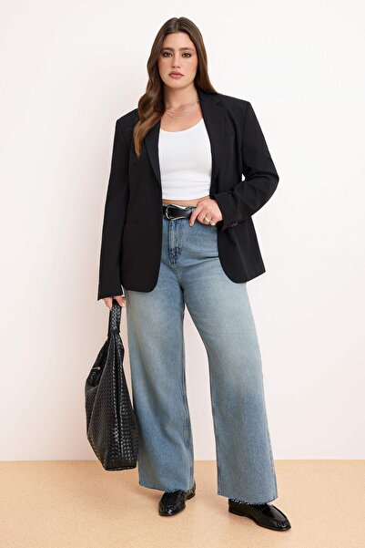 Trendyol Curve Blue Cut-Off Extra High Elastic Waist Wide Leg 100% Cotton Jea...