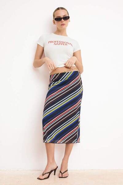 Trendyol Collection Многоцветна пола с висока талия от тюл и трикотаж TWOSS26...