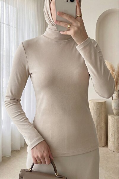 Modamorfo High Collar Long Sleeve Undershirt Blouse -Beige