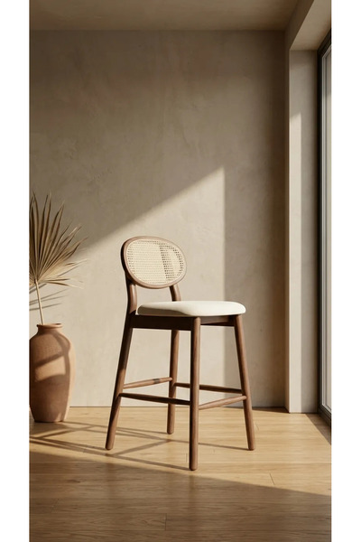 silla Concept Oslo Bar Sandalyesi Teddy Krem Kumaş Hasırlı Ceviz Ahşap Ada Sa...