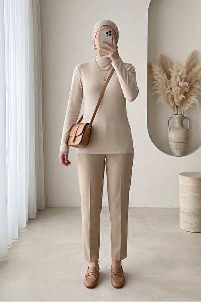 Modamorfo High Collar Long Sleeve Undershirt Blouse -Beige