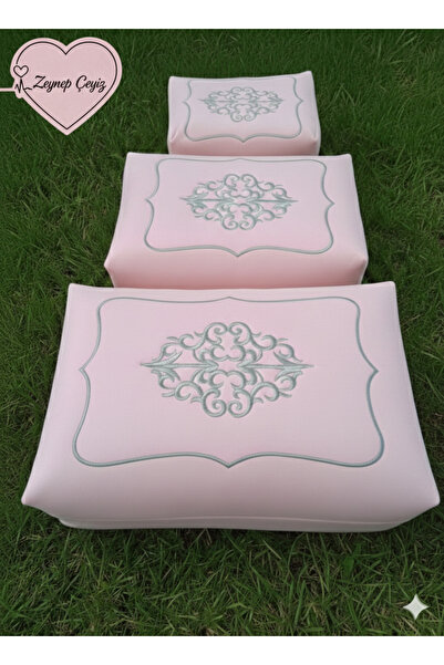 CONSTRAİN Çeyizlik Kadife Gold Işlemeli 3’lü pembe Bohça Nişan Gelin Damat Hurcu