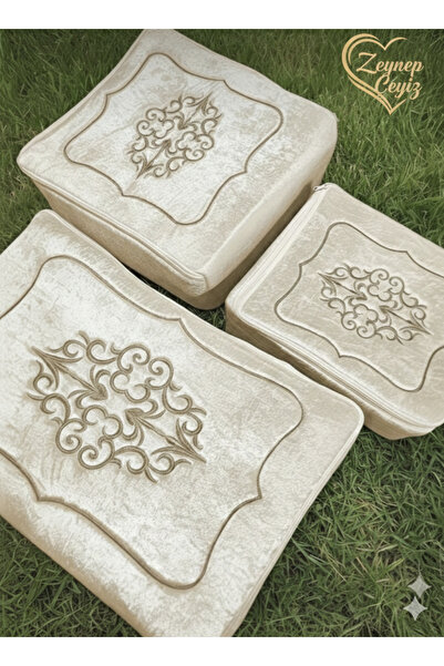 CONSTRAİN Zeynisshome Çeyizlik Kadife Gold Işlemeli 3’lü Kapicino Bohça Nişan...