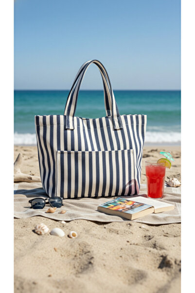 Simfa Women's Colorful Cotton Woven Magnetic Striped Lined Beach Bag