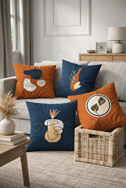 SasoHome مجموعة من 4 أغطية وسائد مطبوعة رقمية باللون الأزرق الداكن والبرتقالي...