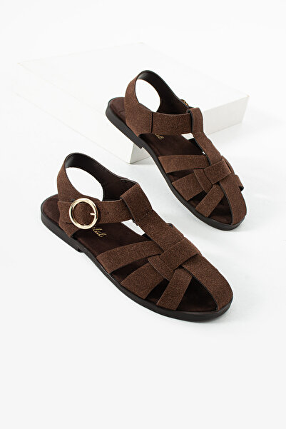 diclepolat Sandale de damă din piele intoarsa maro cu curele cu catarama – Ta...