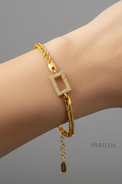 Parılda Premium Altın Kaplama Kristal Çerçeveli Gramlı Burgu Zincir Kadın Bil...