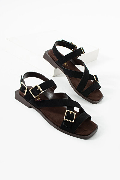 diclepolat Women's Black Suede Cross-Strap Buckle Sandals – Flat Sole Comfort...